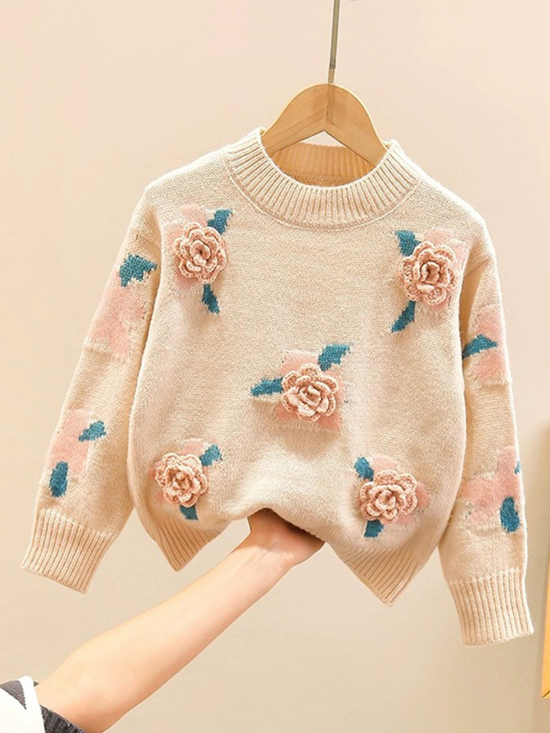 

INCLUD Girls Floral Round Neck Pullover Sweater, Beige