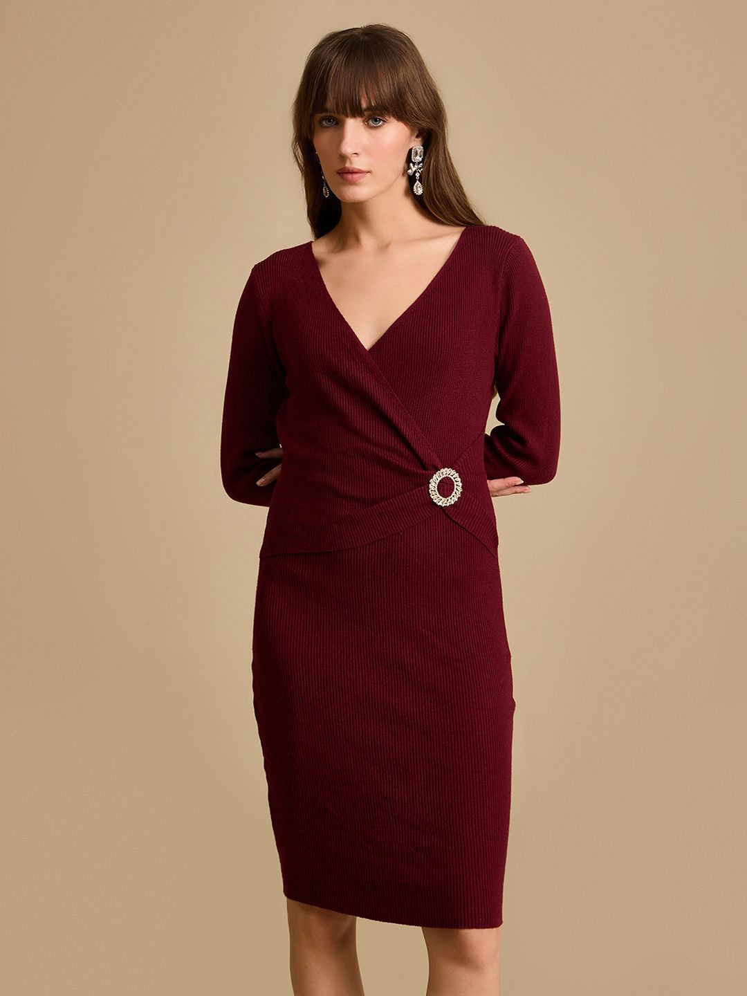 

Kazo Women V-Neck Bodycon Midi Dress, Maroon