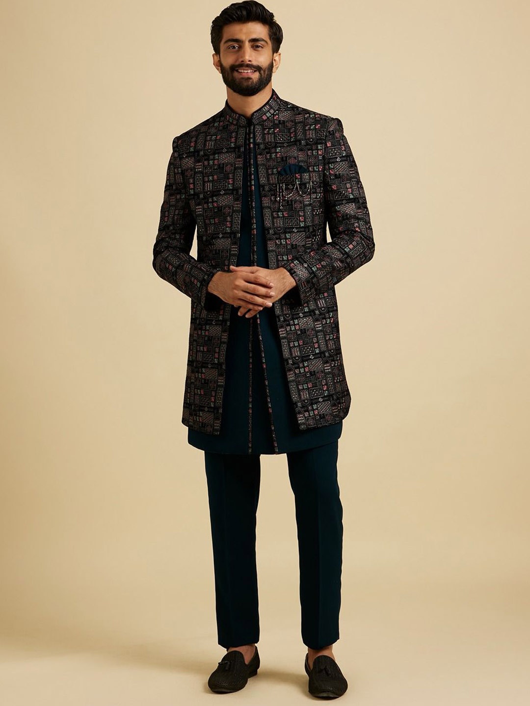 

Manyavar Men Embroidered Sequin Work Mandarin Collar Sherwani Set, Blue