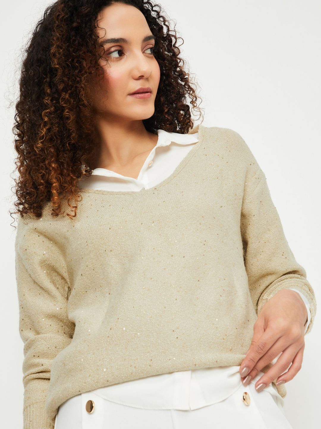 

max Women Ribbed Pullover, Beige