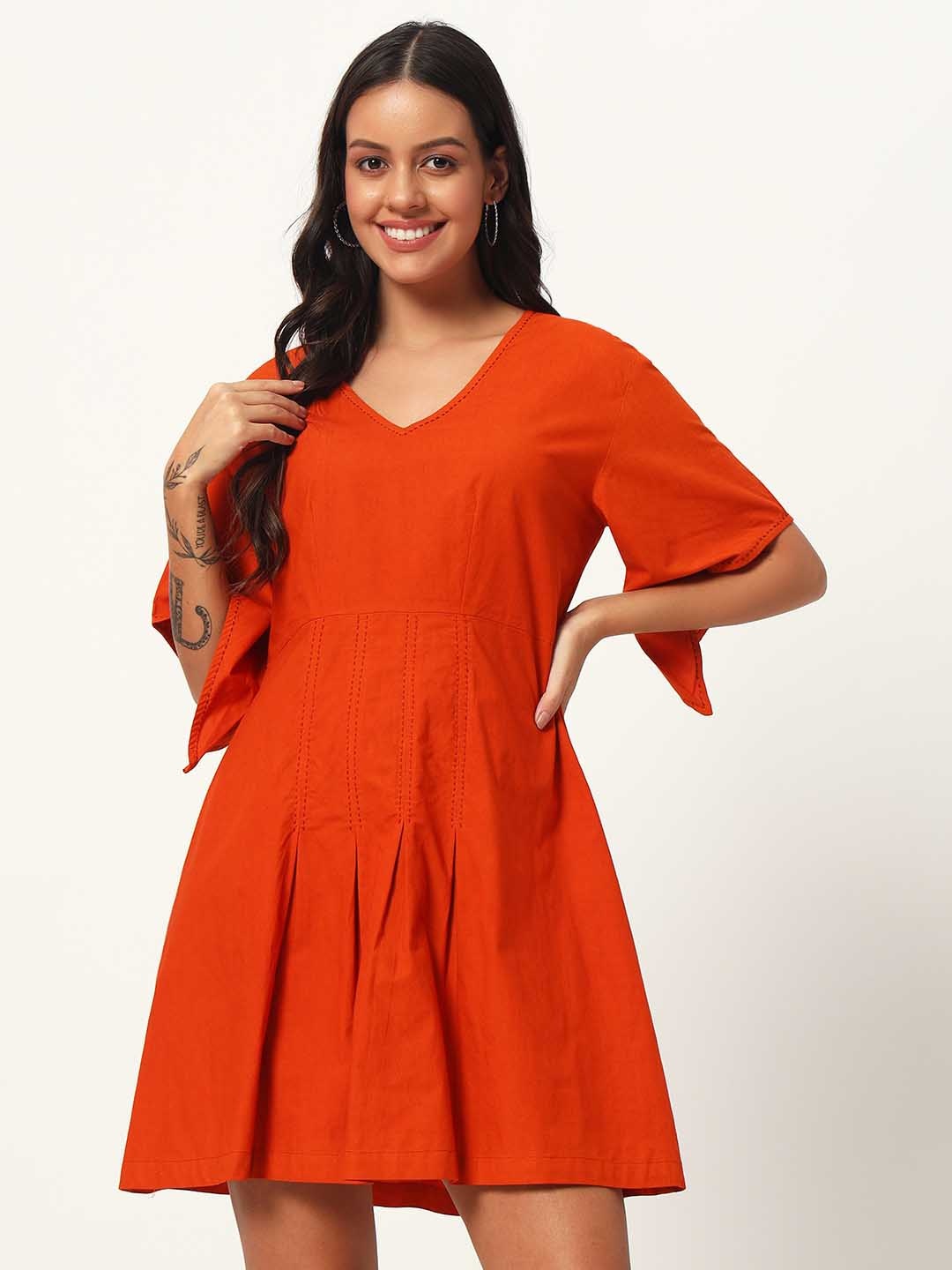 

DESI VOGUE Flared Sleeve Organic Cotton A-Line Dress, Orange