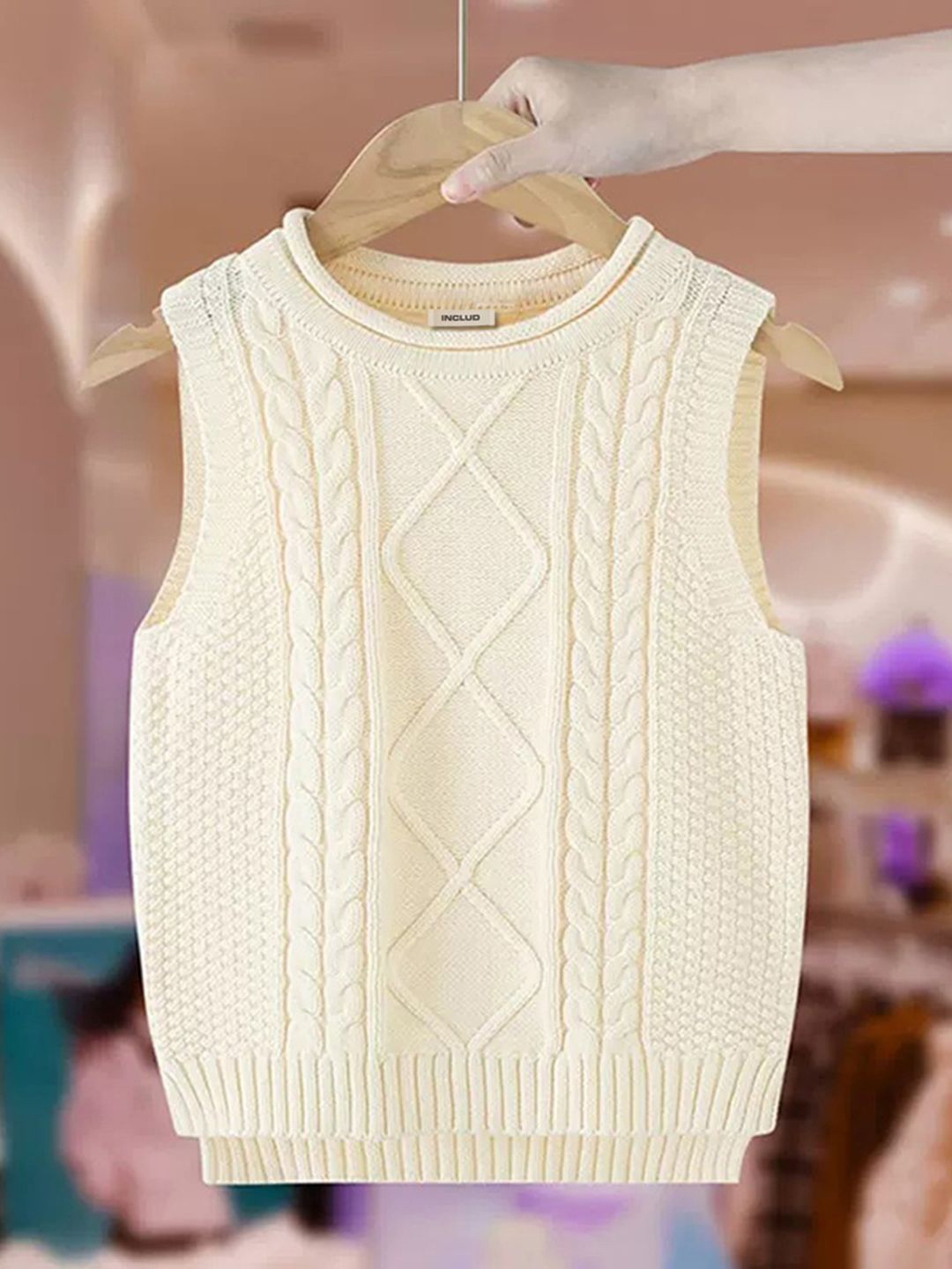 

INCLUD Girls Self Design Cable Knit Sleeveless Sweater Vest, Beige