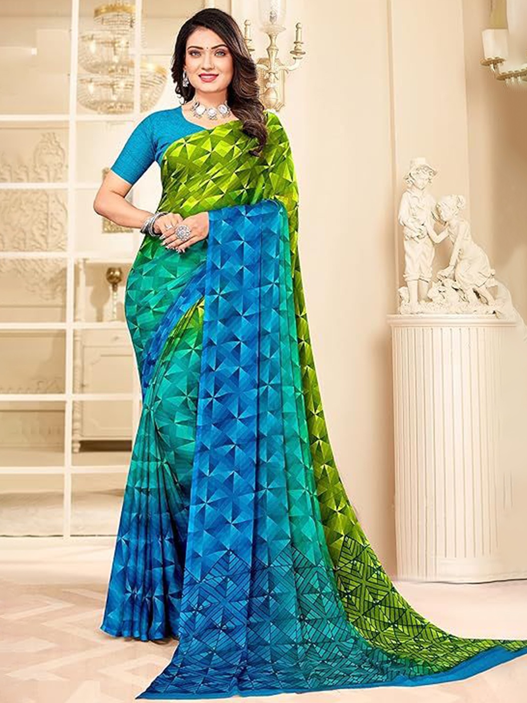 

Reboot Fashions Geometric Printed Pure Chiffon Saree, Blue