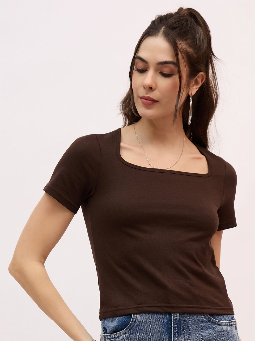 

Mayra Women Solid Scoop Neck Cotton T-shirt, Brown