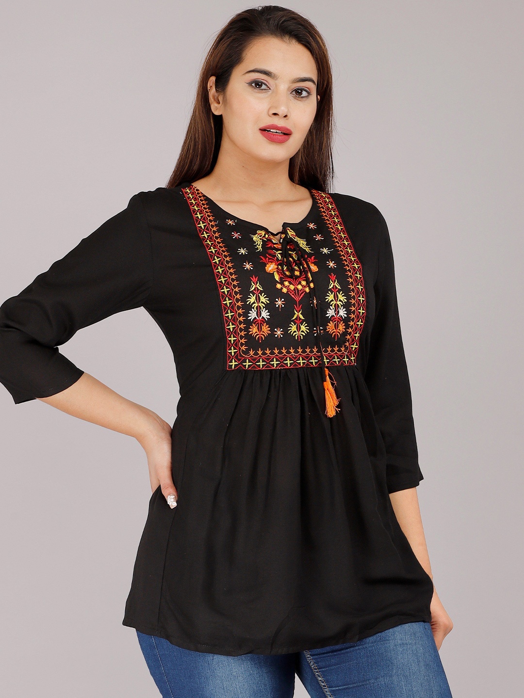 

Badthunia Fab Women Floral Embroidered Regular Top, Black