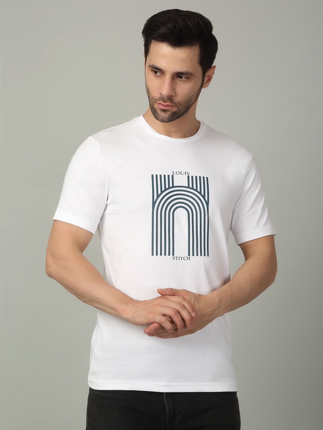

LOUIS STITCH Men Graphic Printed Round Neck Cotton T-shirt, White