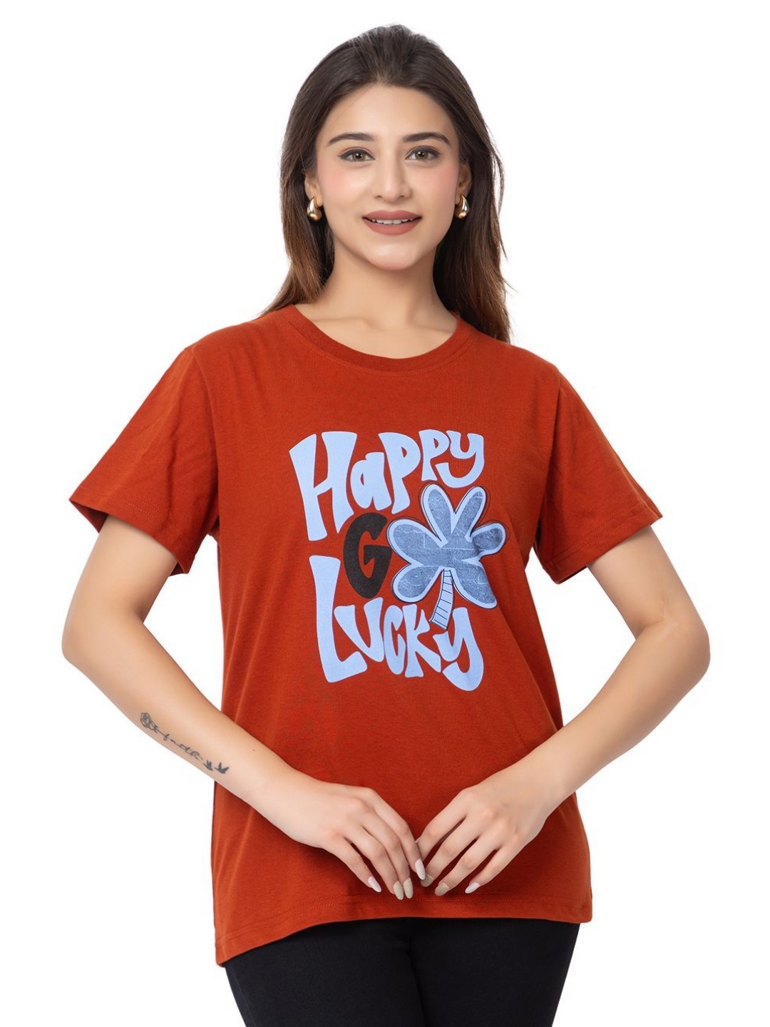

HILFIRE REGION Women Typography Printed Round Neck Cotton T-shirt, Rust