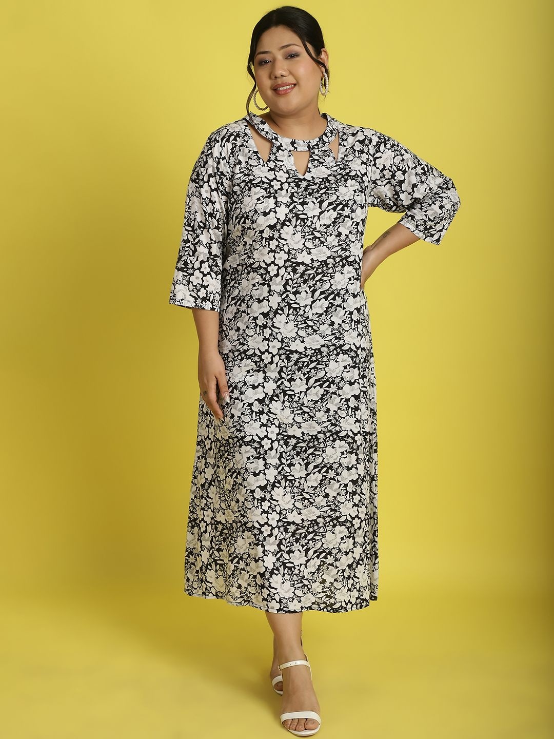 

theRebelinme Plus Size Floral Print A-Line Midi Dress, Black