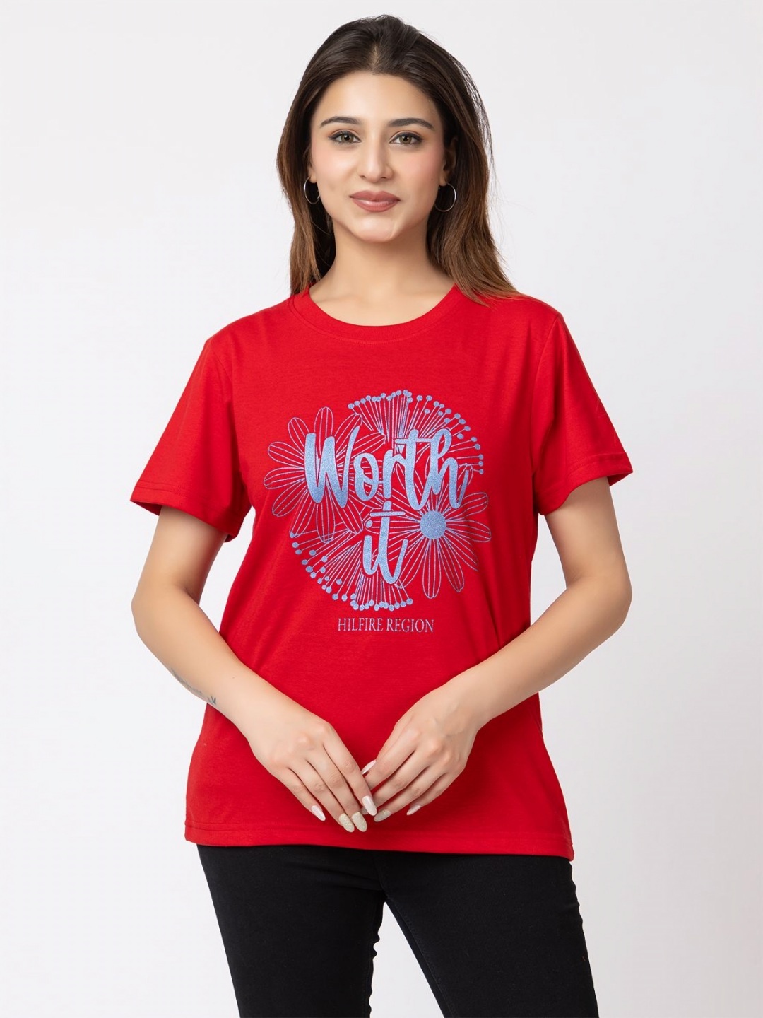 

HILFIRE REGION Women Graphic Printed Round Neck Cotton T-shirt, Red