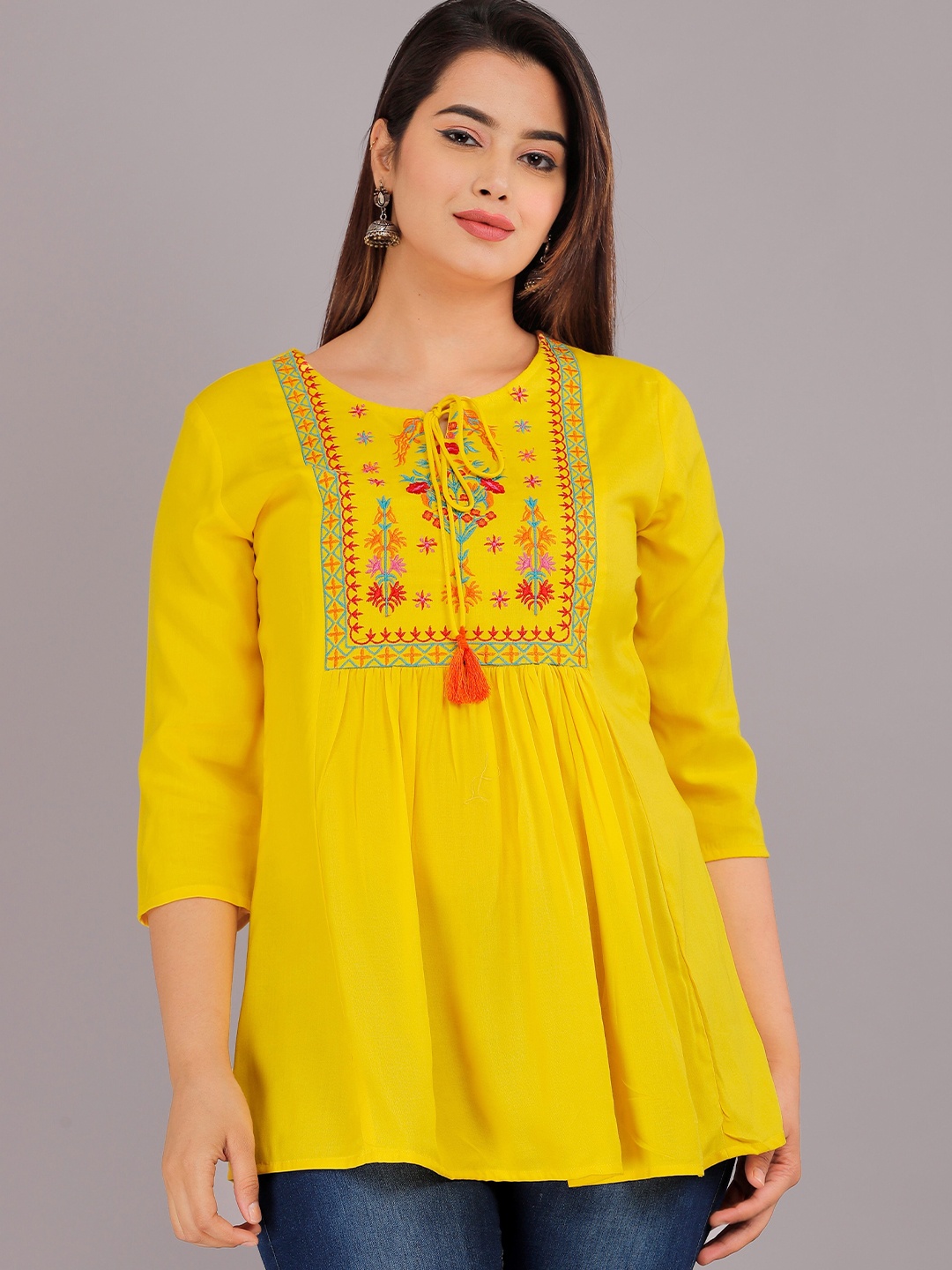 

Badthunia Fab Women Embroidered Keyhole Neck Top, Yellow