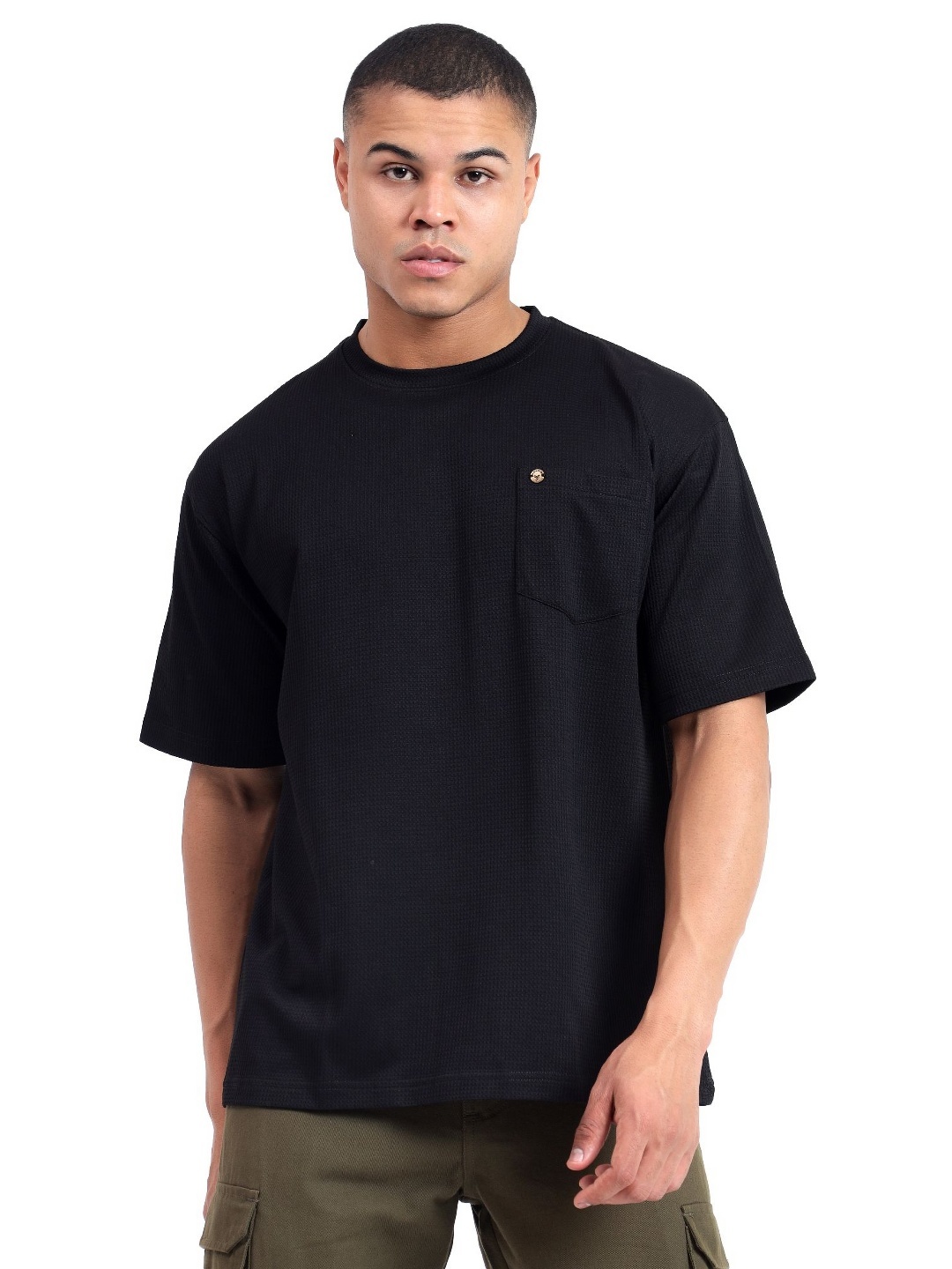 

MENTOOS Men Solid Round Neck Cotton Oversized T-shirt, Black