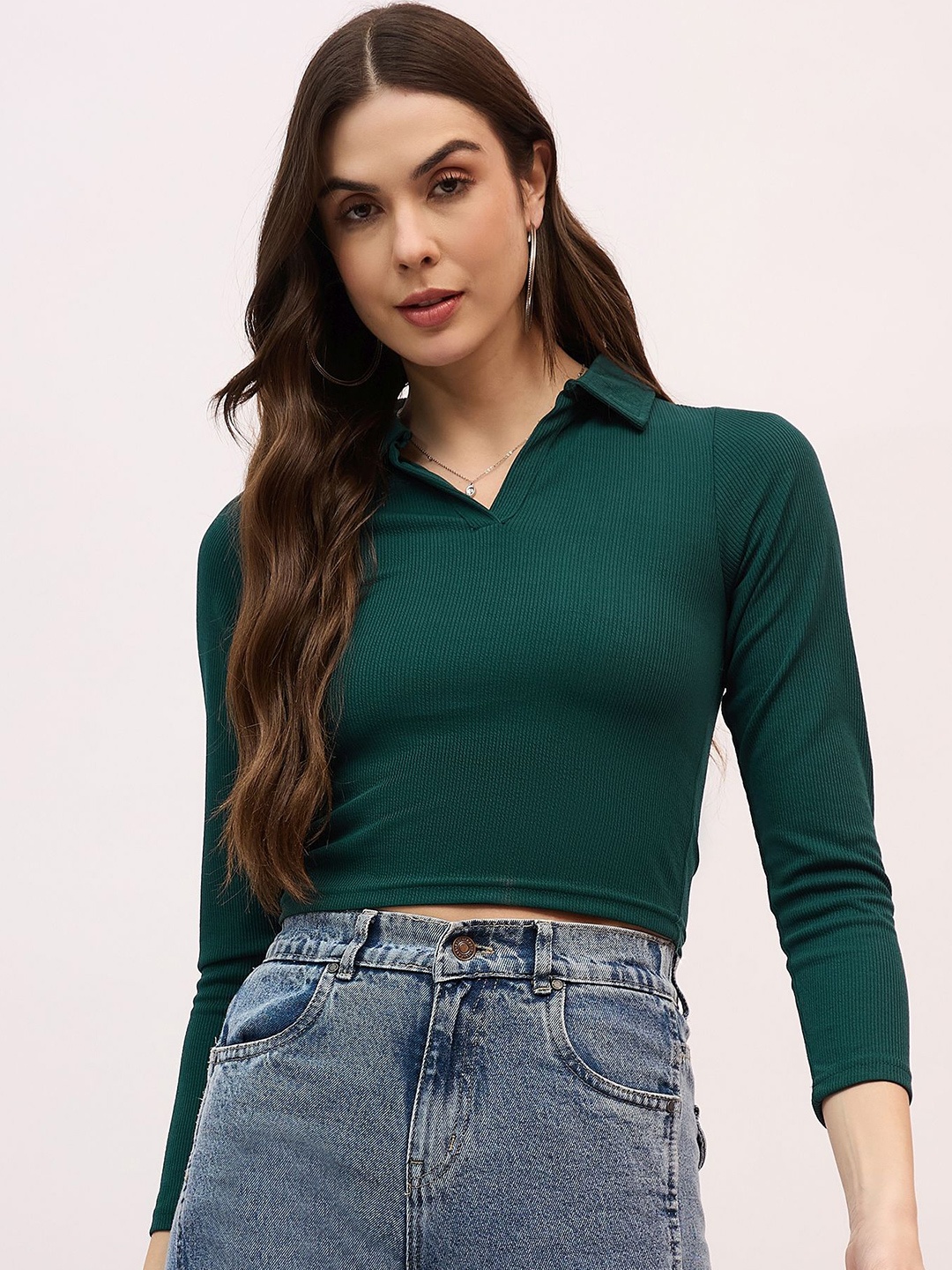 

Mayra Women Shirt Collar Fitted Crop Top, Teal