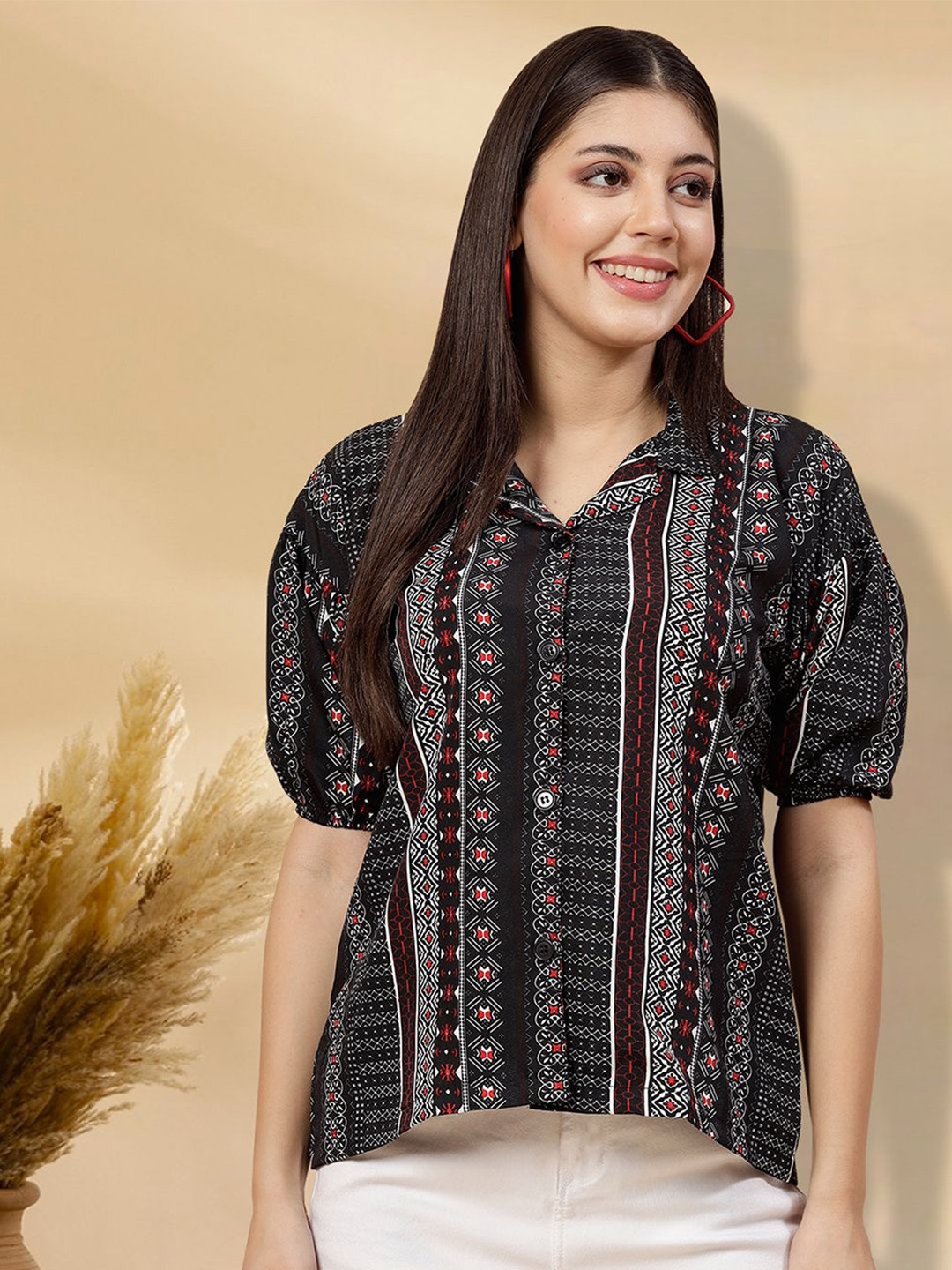 

BAESD Women Ethnic Printed Shirt Collar Top, Blue