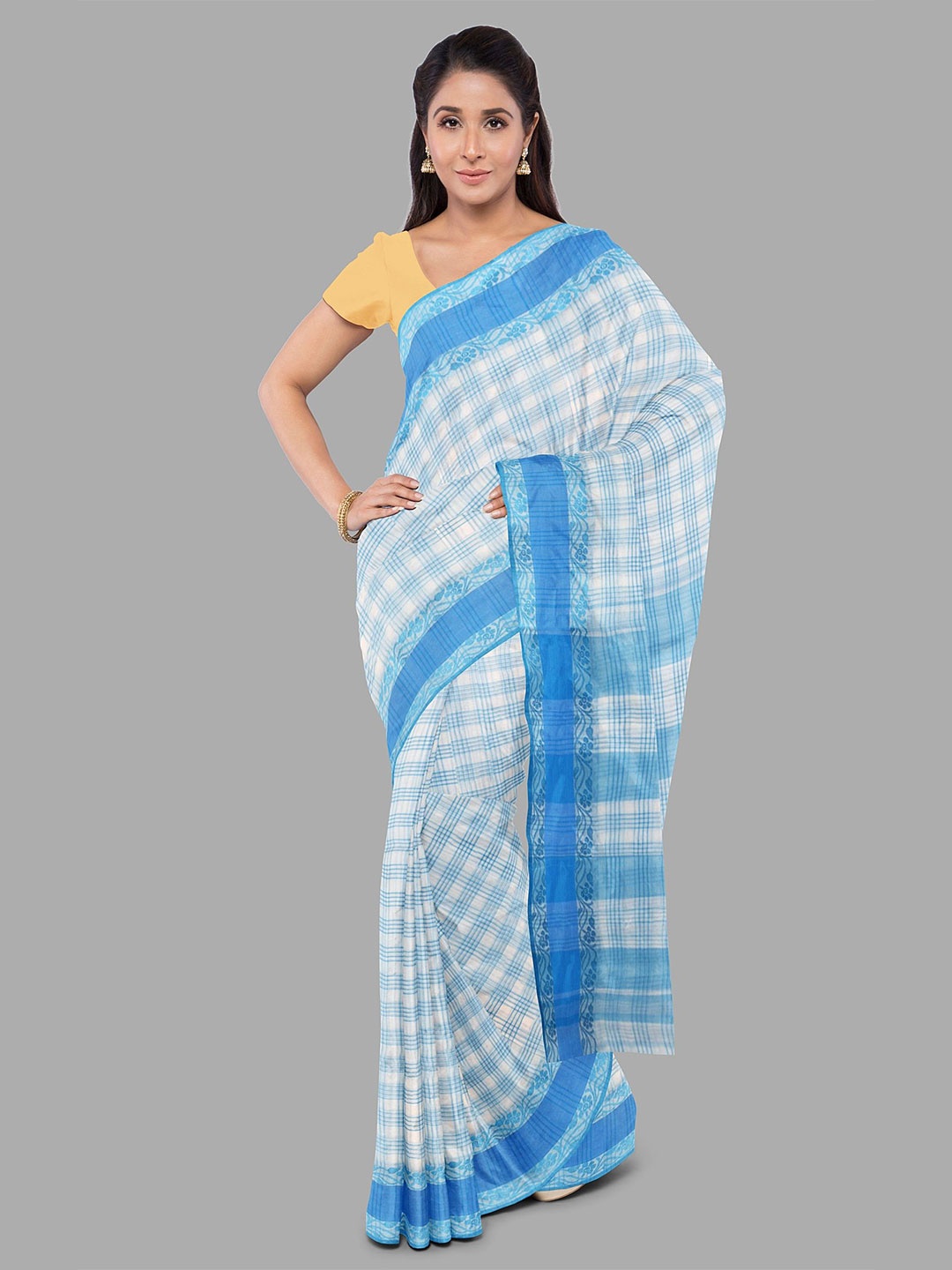 

The Chennai Silks Checked Pure Cotton Fusion Taant Saree, Off white