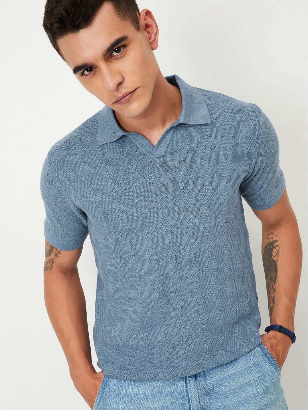 

max Men Self Design Polo Collar Cotton T-shirt, Teal
