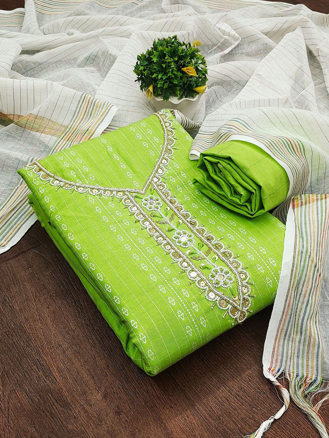 

JULEE Floral Embroidered Beads and Stones Cotton Unstitched Dress Material, Lime green