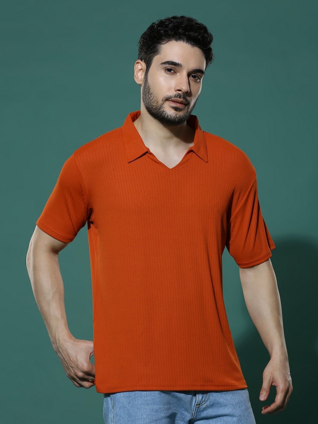 

HERE&NOW Men Self Design Polo Collar Cotton T-shirt, Rust