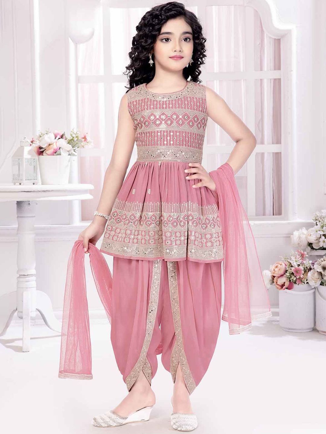 

Lagorii Girls Ethnic Motifs Printed Kurti with Dhoti Pants & Dupatta, Peach