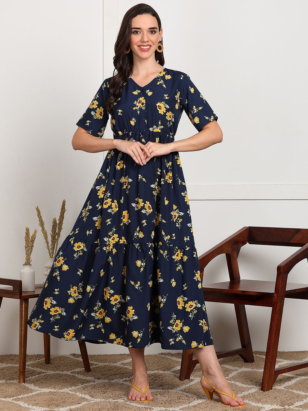 

all about you Women Floral Print Fit & Flare Midi Dress, Blue
