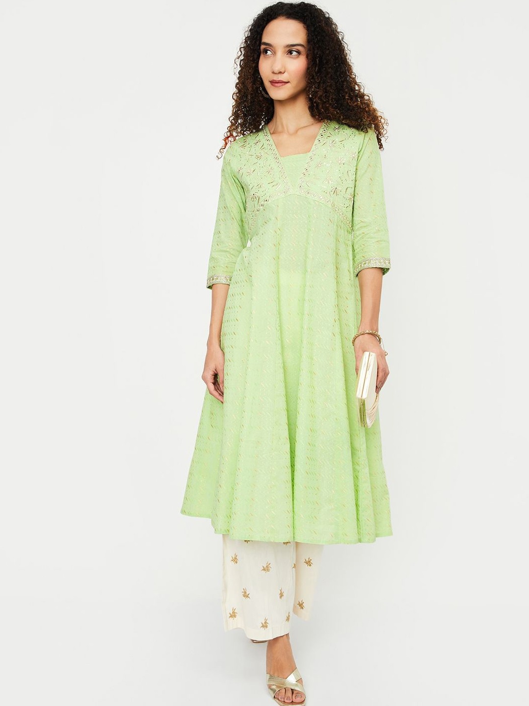 

max Square Neck Floral Embroidered Anarkali Cotton Panelled Kurta, Green