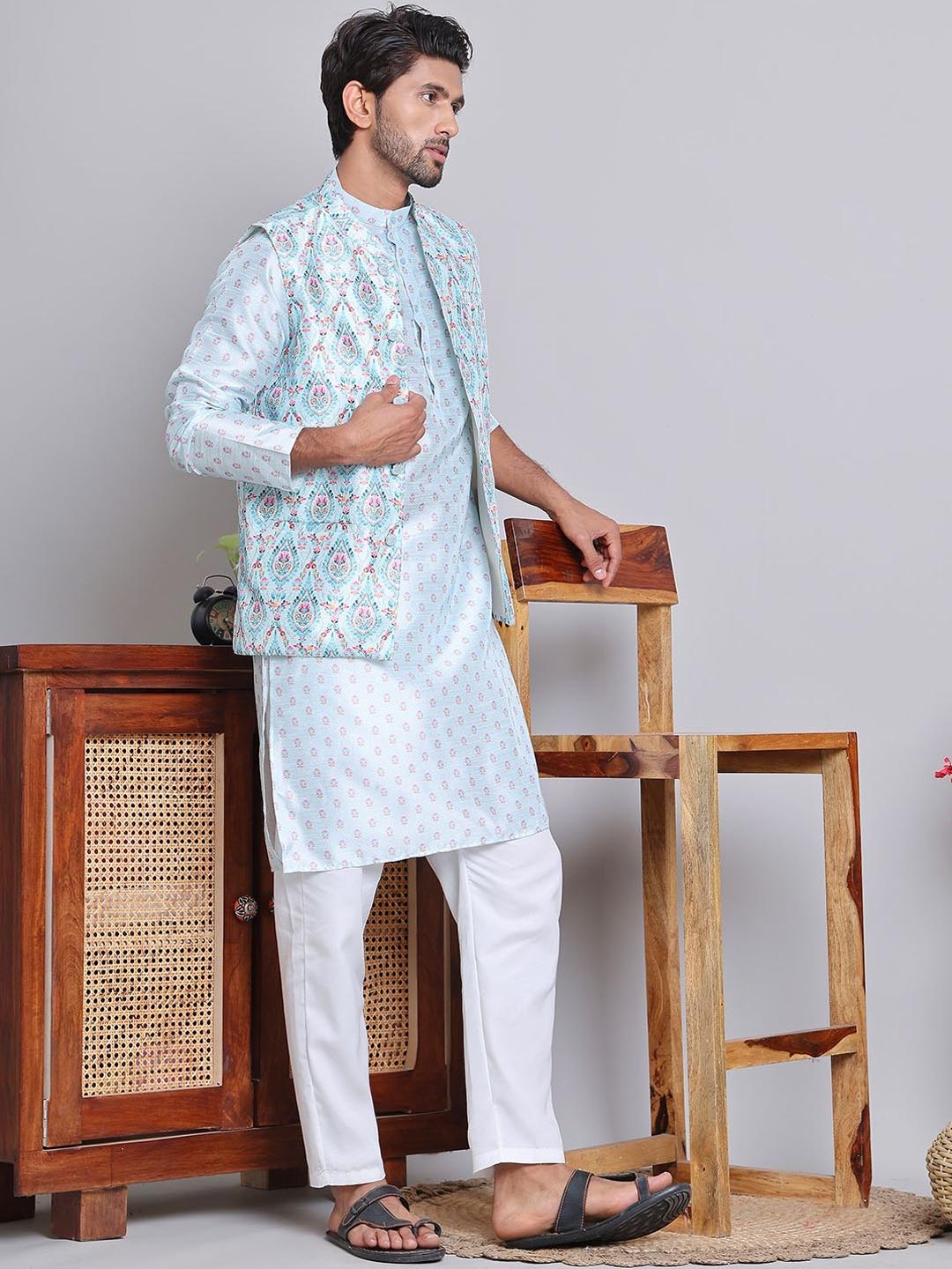 

Jompers Floral Printed Regular Straight Kurta with Pyjamas, Turquoise blue