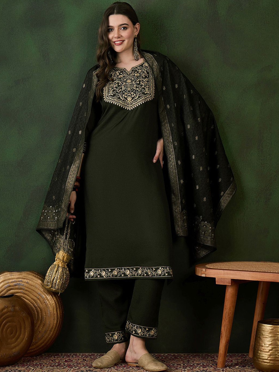 

Sangria Green Floral Embroidered Zari Straight Kurta With Trouser Dupatta