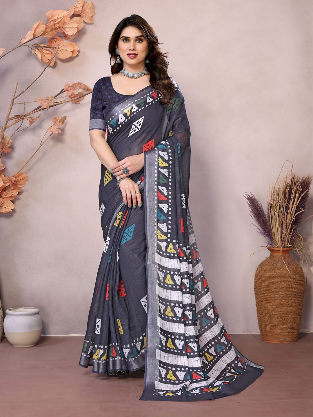 

vj fashion Zari Linen Blend Saree, Grey