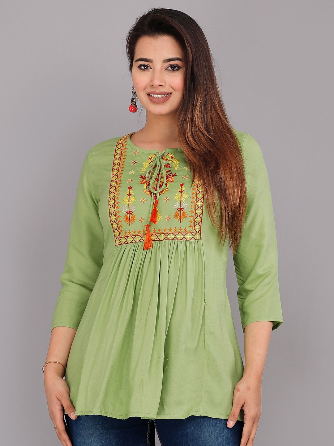 

Badthunia Fab Women Embroidered Tie-Up Neck Top, Olive