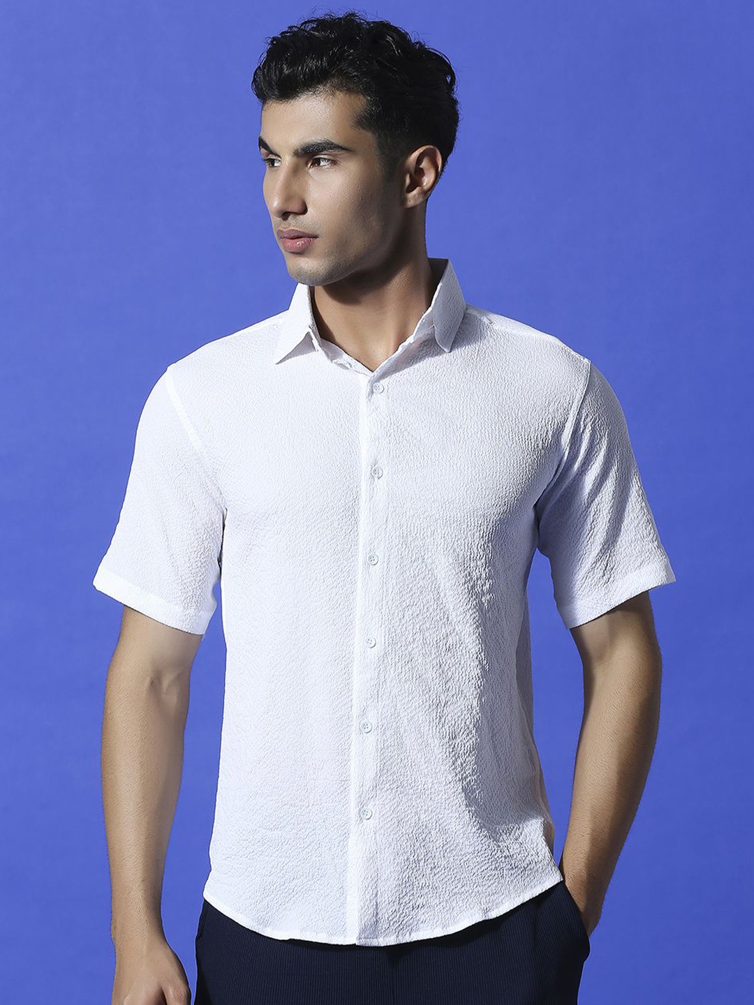 

HERE&NOW Men Spread Collar Textured Casual Shirt, White
