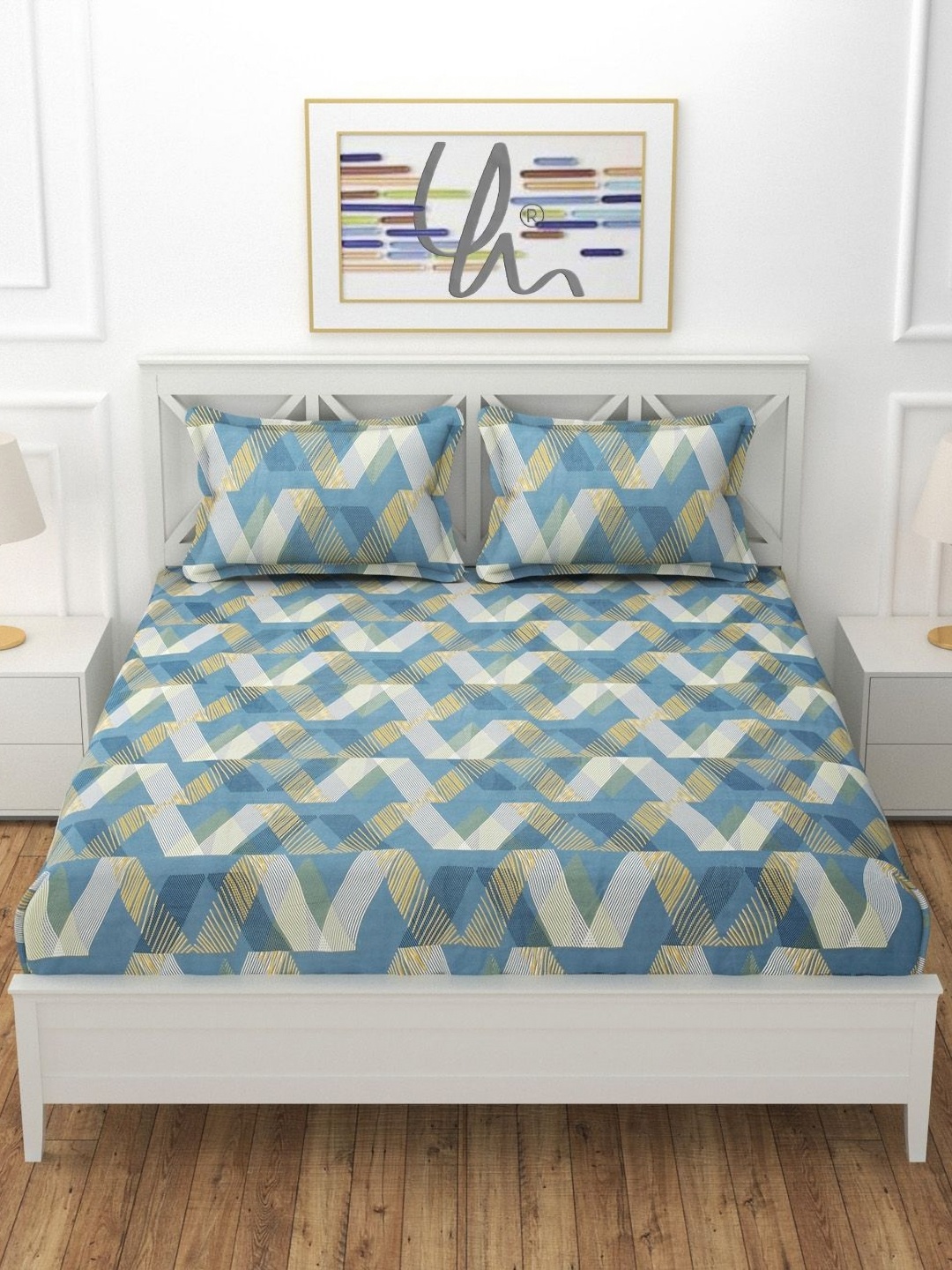 

YaAkholic Grey & Yellow Geometric 210 TC King Bedsheet with 2 Pillow Covers
