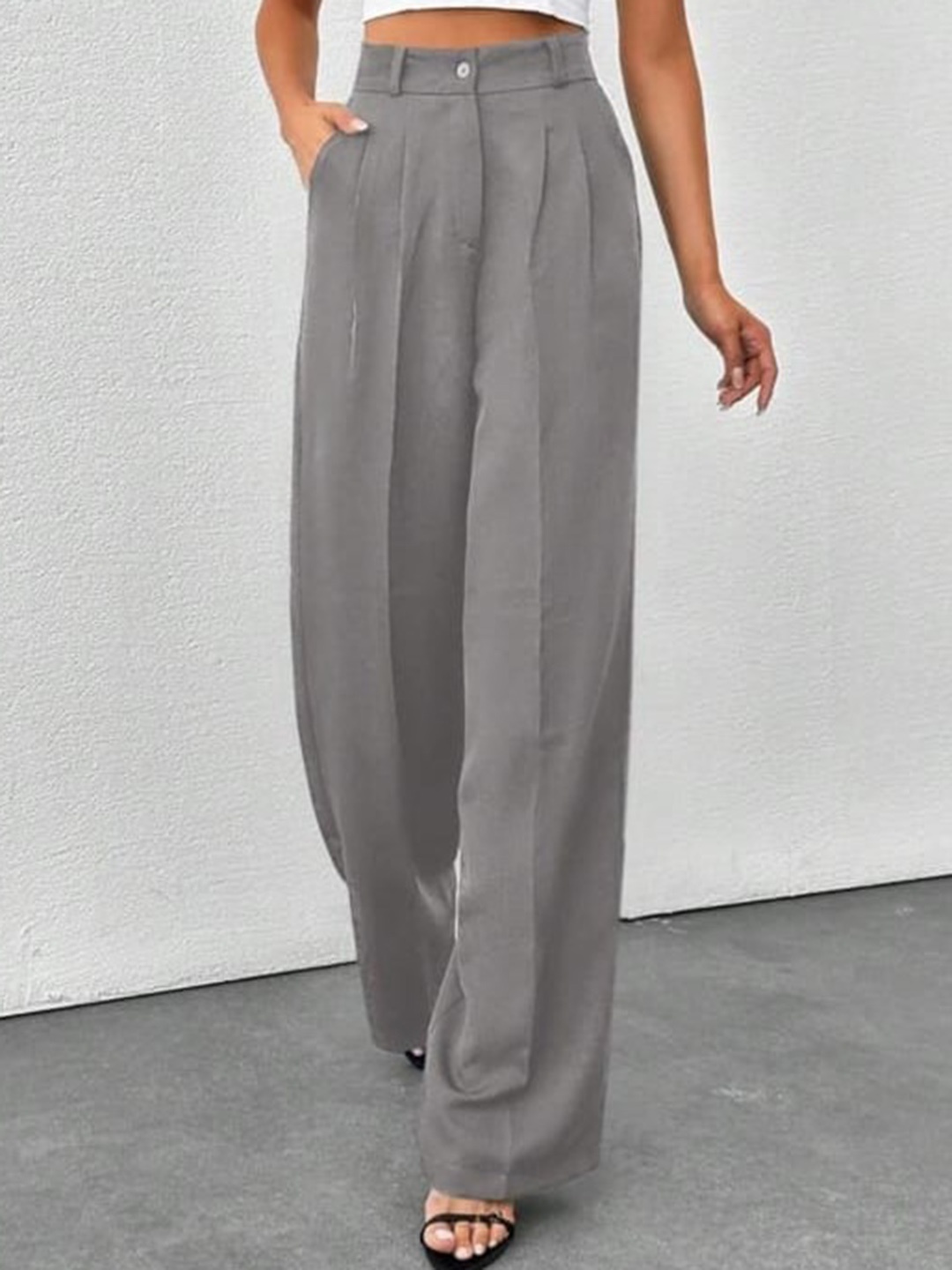 

Next One Women Smart High-Rise Pleated Korean Trousers, Grey
