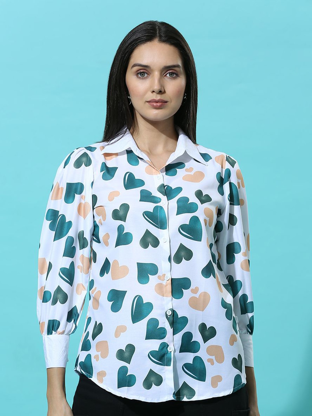 

HERE&NOW Women Printed Puff Sleeves Shirt Style Top, Green