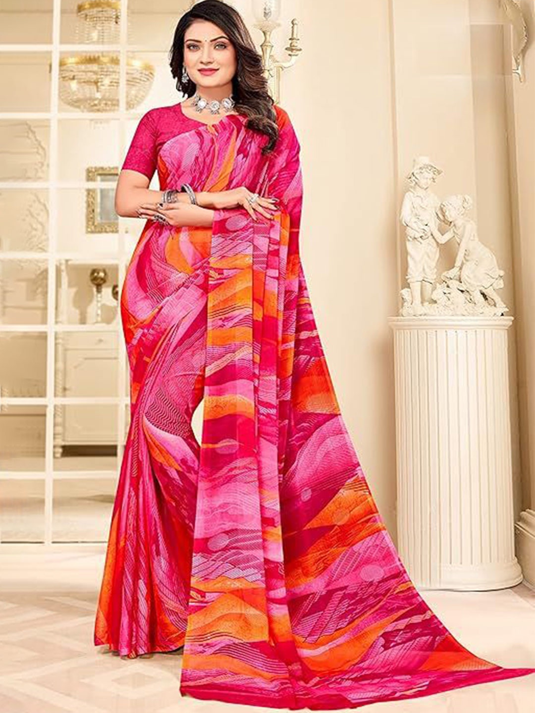 

Reboot Fashions Pure Chiffon Saree, Pink