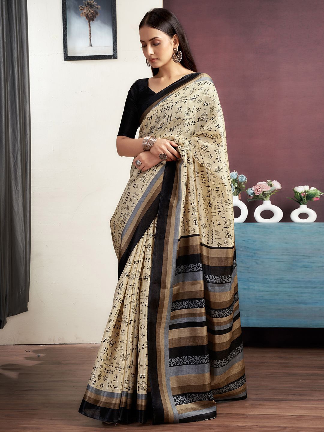 

KALINI Batik Printed Saree, Cream