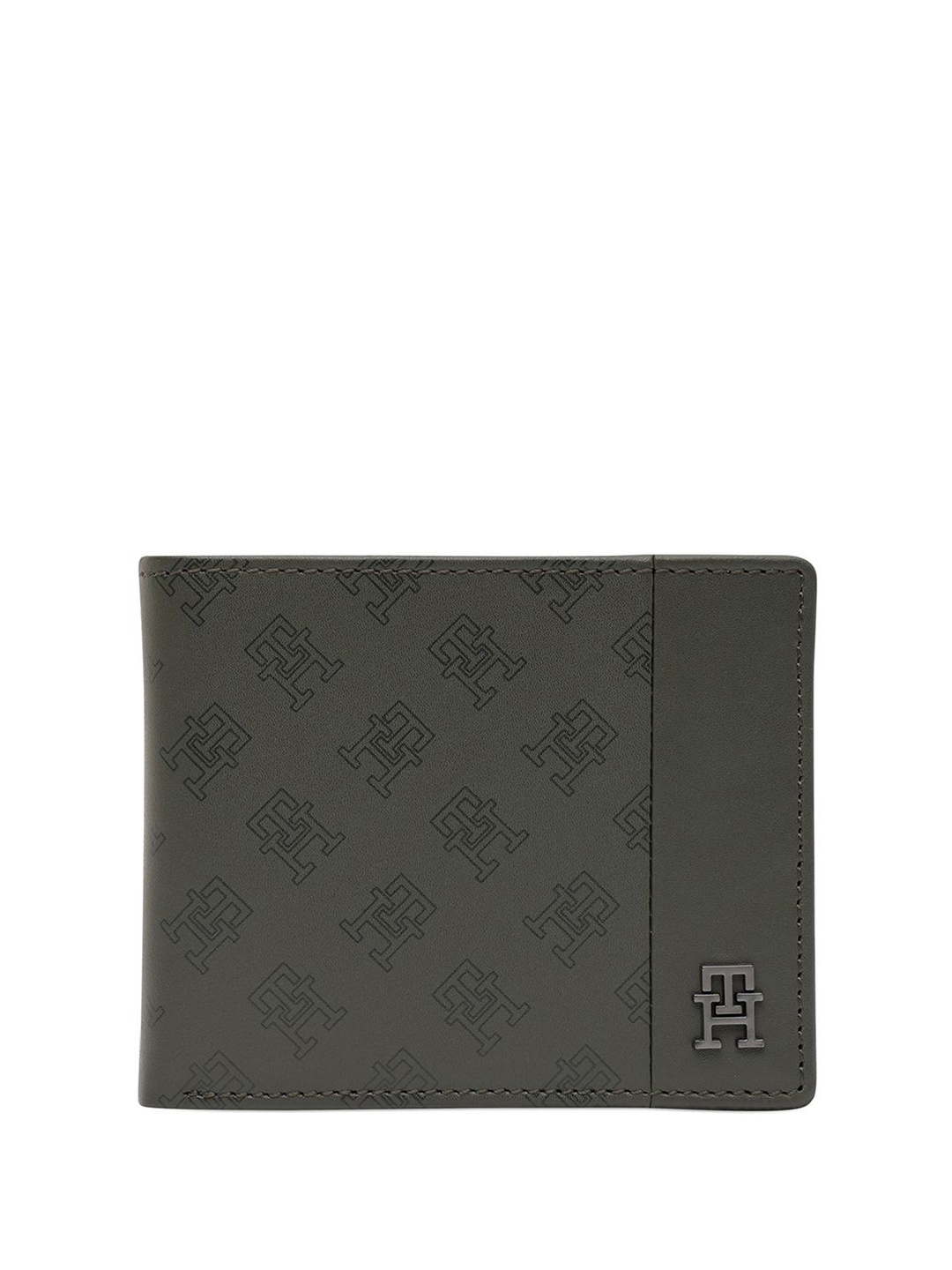 

Tommy Hilfiger Men Typography Printed Leather Two Fold Wallet, Olive