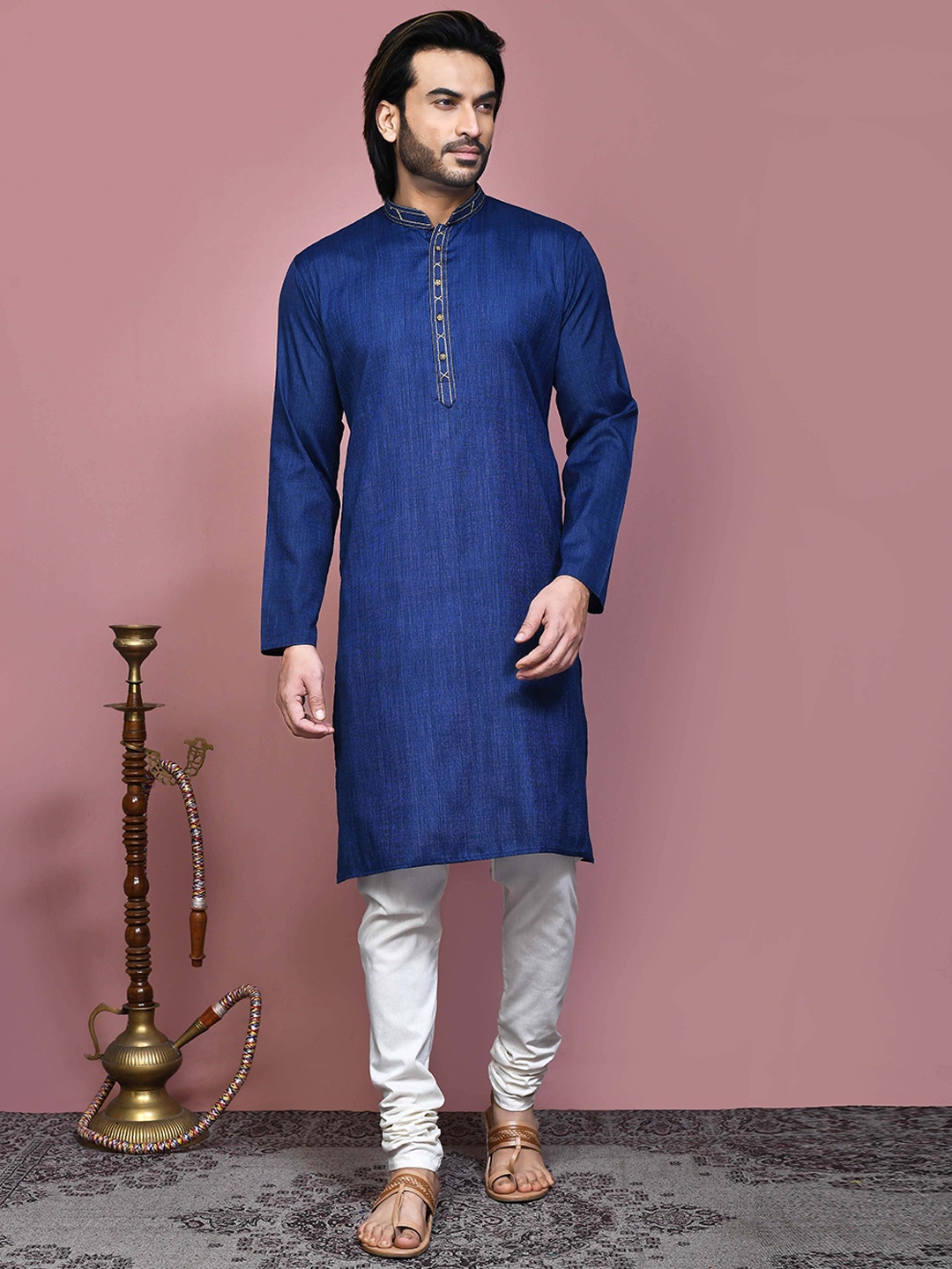 

RANAK Mandarin Collar Long Sleeves Regular Straight Kurta, Navy blue