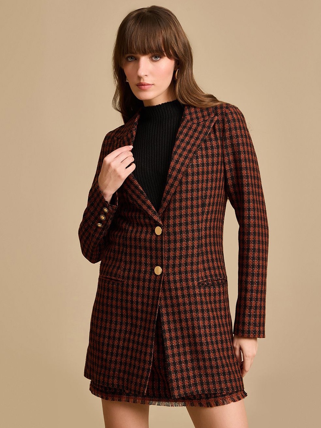 

Kazo Women Checked Matilda Tweed Overcoat, Brown