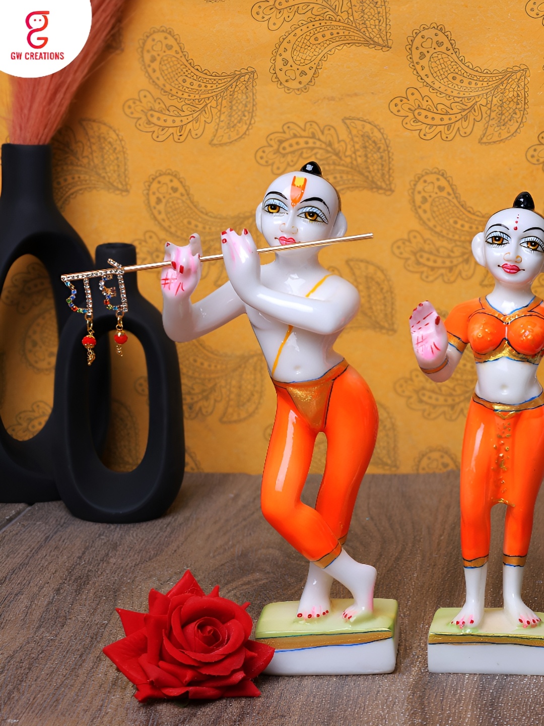 

GW CREATIONS Orange & White Radha Krishna Exquisite Marble Religious Idol Showpiece