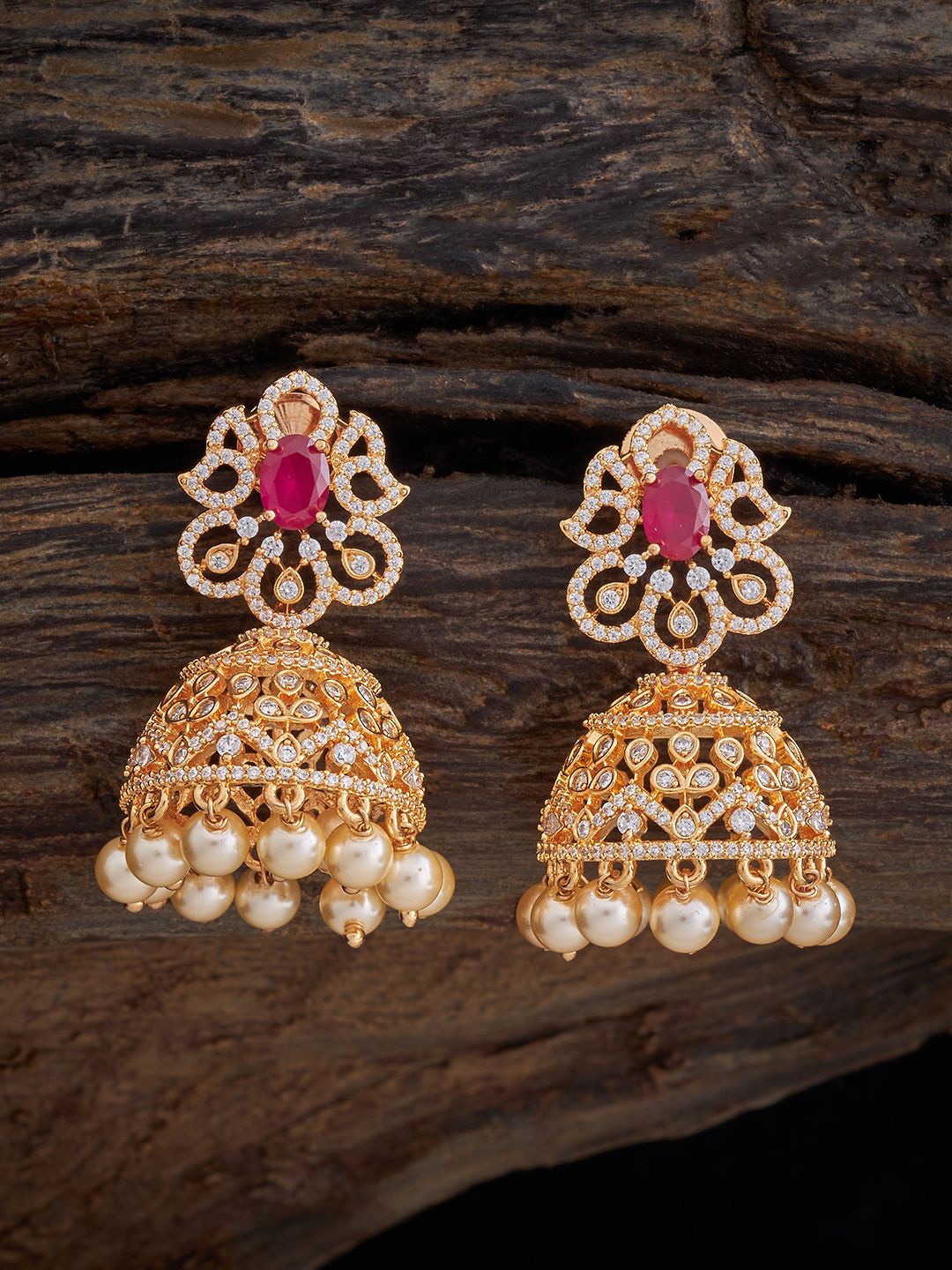 

Kushal's Fashion Jewellery Gold-Plated Zircon Studded Dome Shaped Jhumkas