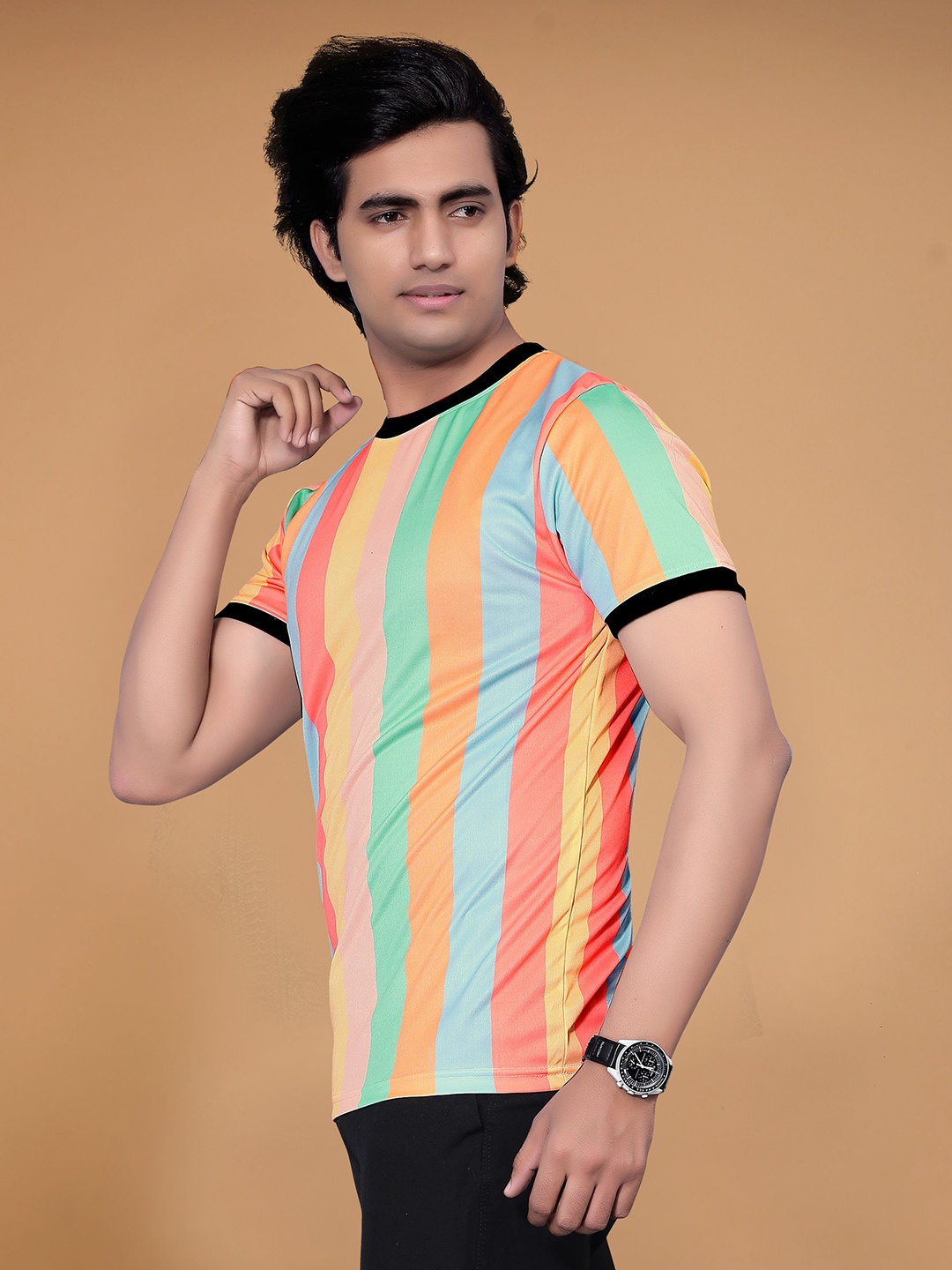 

STI Men Striped Round Neck T-shirt, Orange