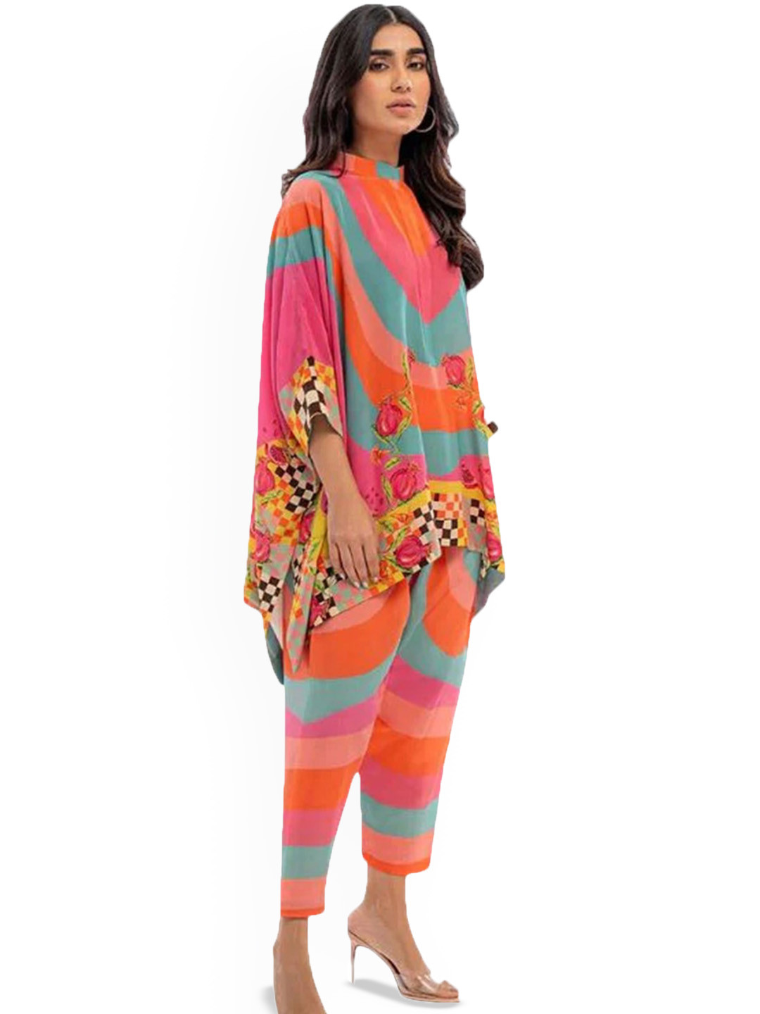 

Navvi Printed Band Collar Kaftan Top & Trousers, Orange