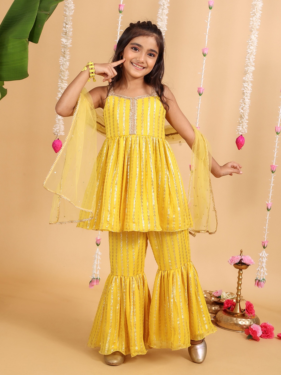 

MASTARANG Girls Striped Woven Design Shoulder Straps Anarkali Kurta With Sharara & Dupatta, Yellow