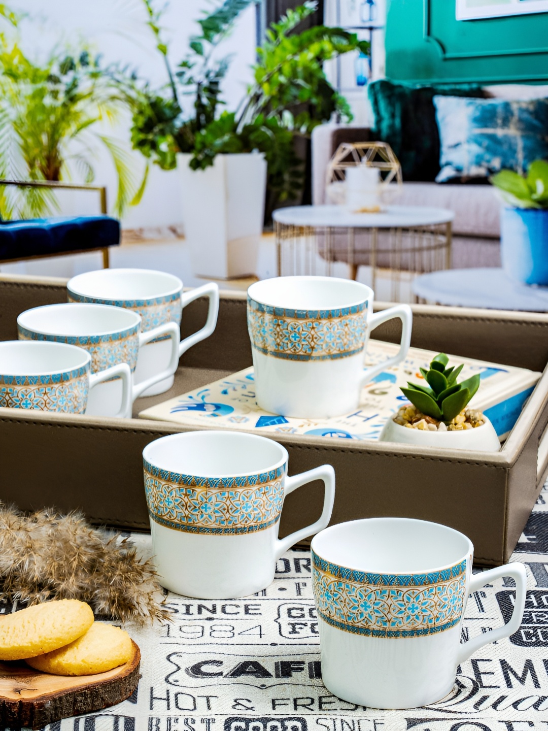 

SONAKI White & Blue 6 Pieces Printed Mugs 120ml