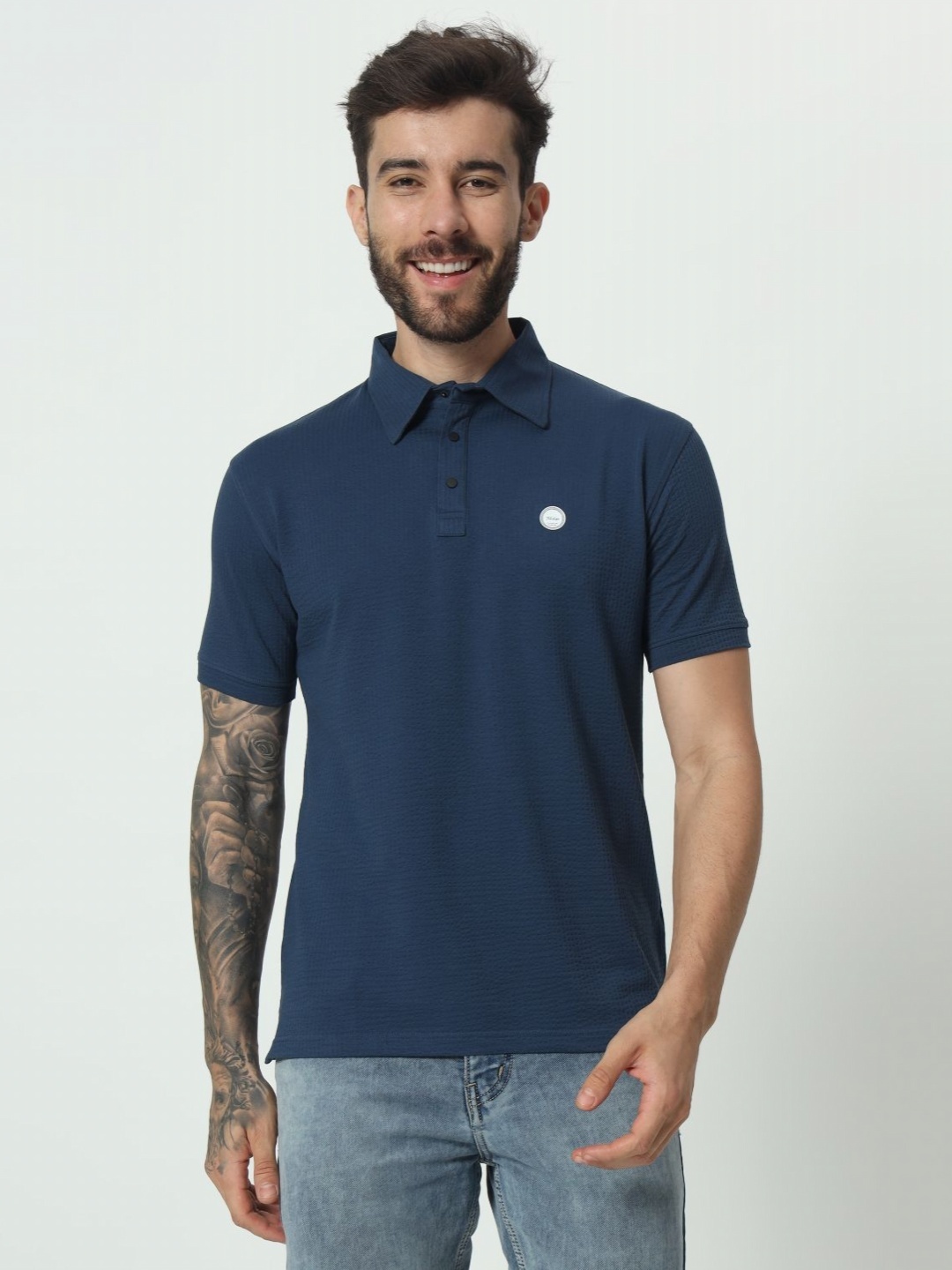 

TAB91 Men Self Design Polo Collar Cotton T-shirt, Navy blue