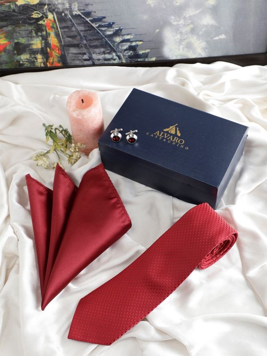 

Alvaro Castagnino Men Accessory Gift Set of Tie Cufflinks Pocket Square, Maroon