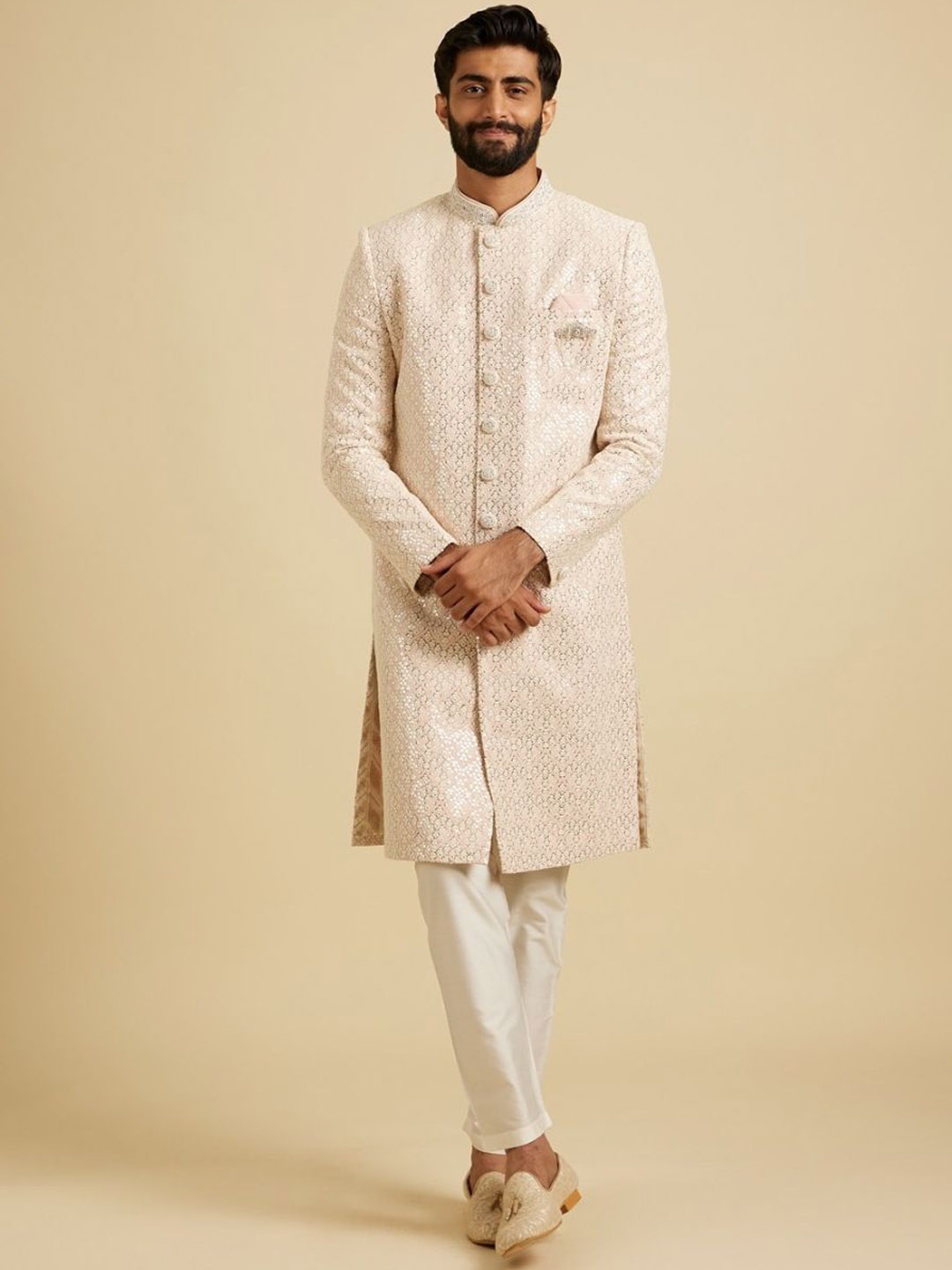 

Manyavar Men Georgette Embroidered Mirror Work Sherwani, Pink