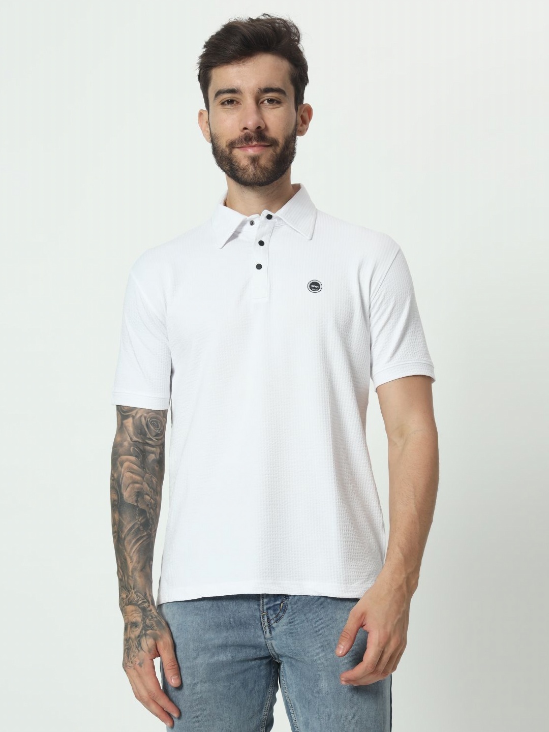 

TAB91 Men Self Design Polo Collar Cotton T-shirt, White