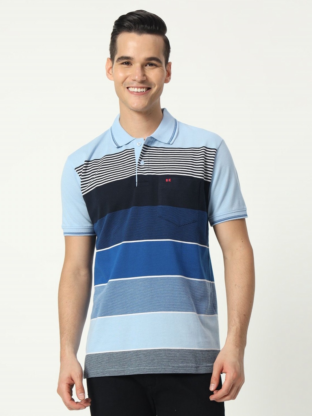 

TAB91 Men Striped Polo Collar Cotton T-shirt, Blue