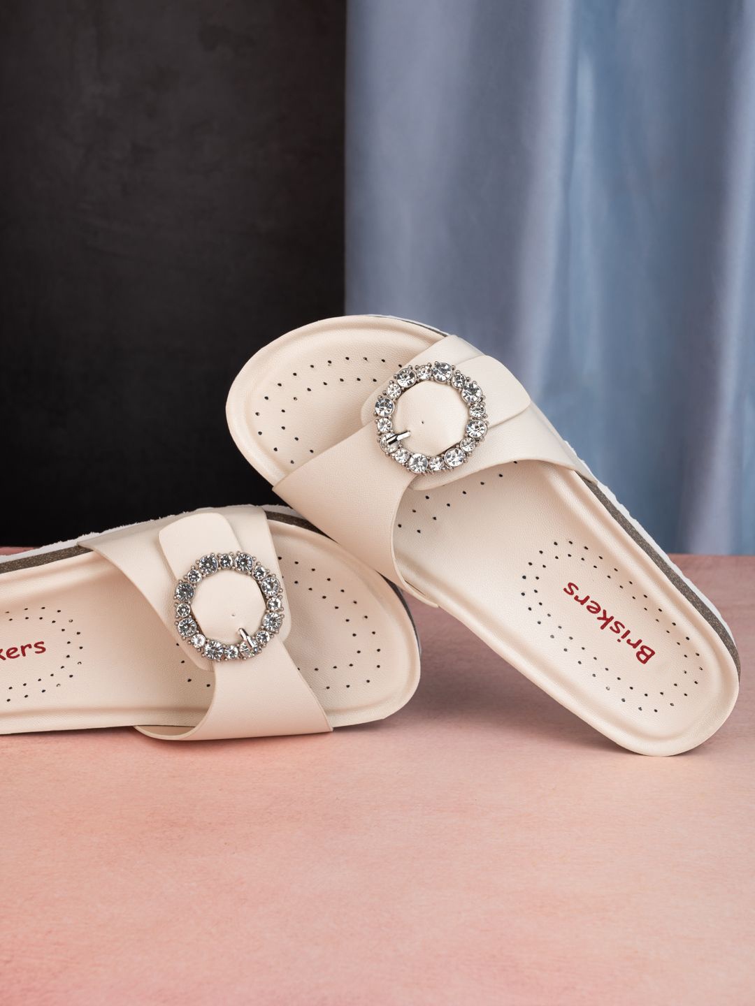 

BRISKERS Women Embellished Open Toe Flats with Buckles, Cream