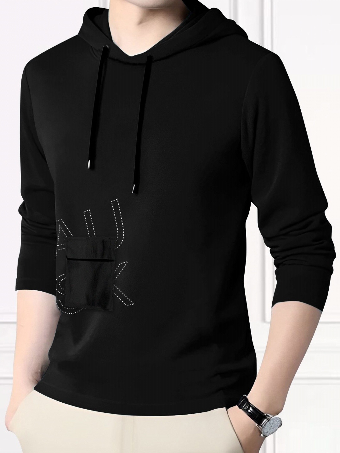 

AUSK Men Typography Printed Hood Cotton T-shirt, Black